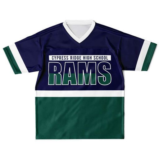 Cypress Ridge Rams football jersey laying flat - front 