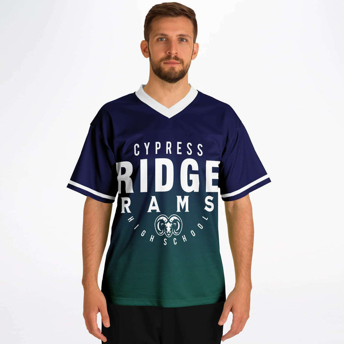 Man wearing Cypress Ridge Rams football jersey