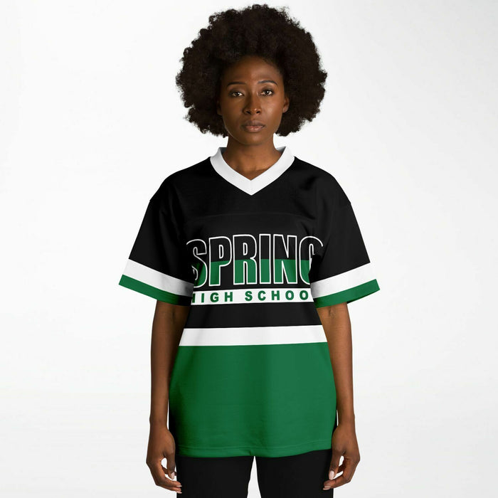 Black woman wearing Spring Lions High School football Jersey