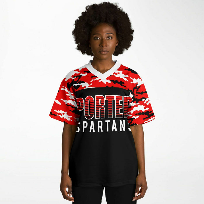 Black woman wearing Porter Spartans High School football Jersey