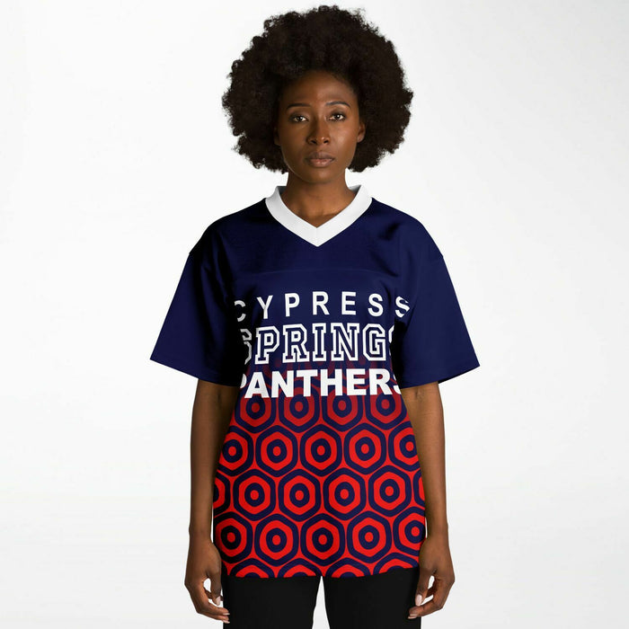 Black woman wearing Cypress Springs Panthers football Jersey