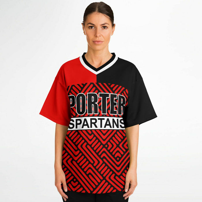 Women wearing Porter Spartans High School football jersey