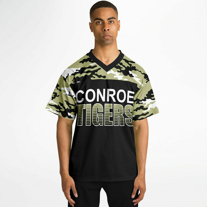 Black man wearing Conroe Tigers football Jersey 08