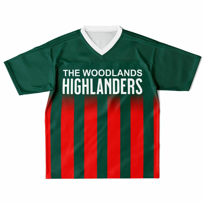 The Woodlands Highlanders High School football jersey laying flat - front 