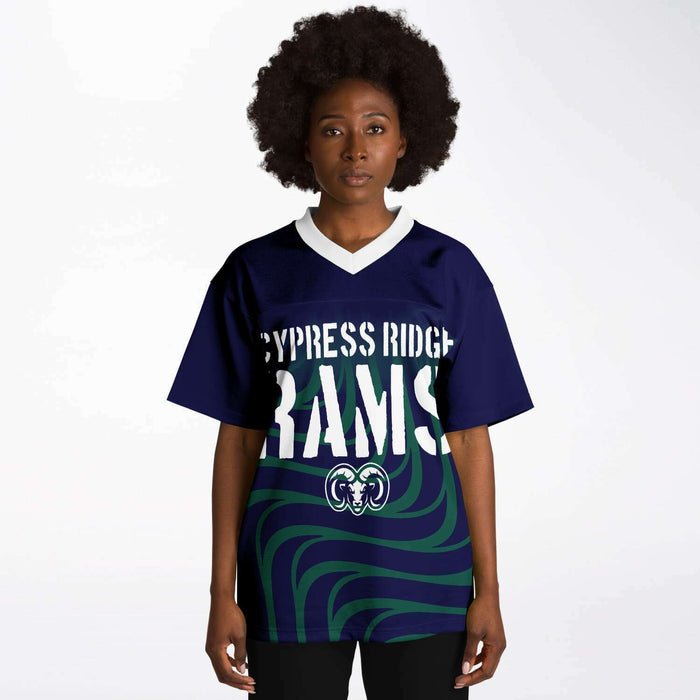 Black woman wearing Cypress Ridge Rams football Jersey