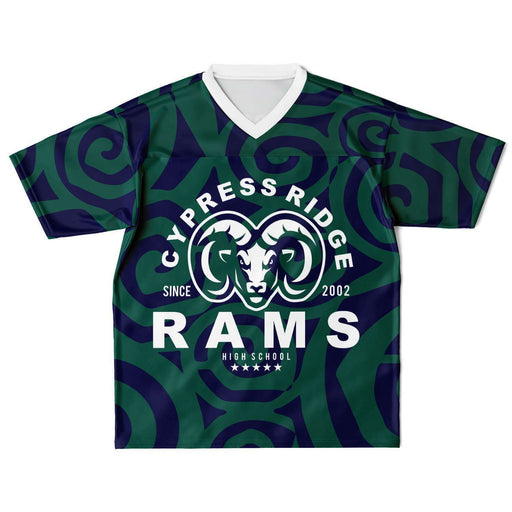 Cypress Ridge Rams football jersey laying flat - front 