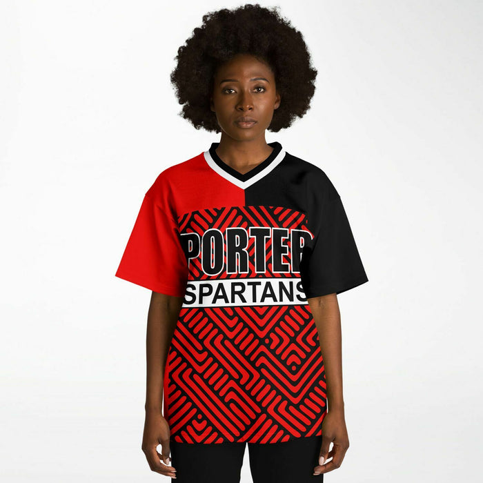 Black woman wearing Porter Spartans High School football Jersey