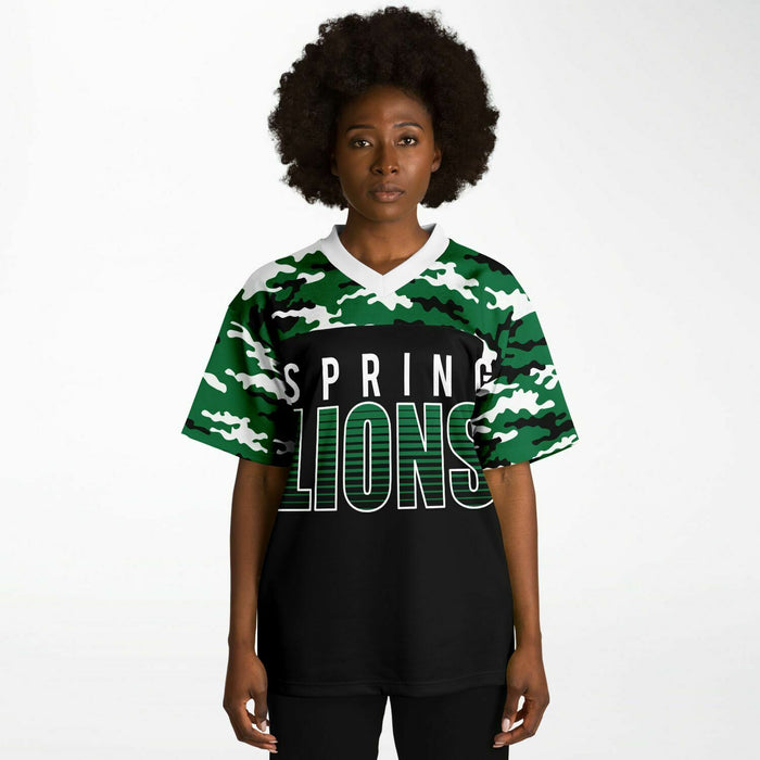 Black woman wearing Spring Lions High School football Jersey