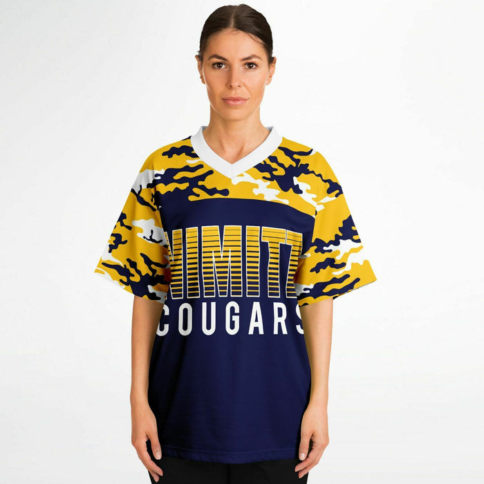 Women wearing Nimitz Cougars High School football jersey