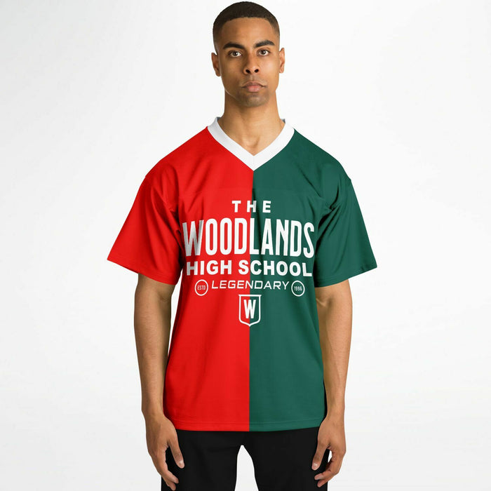 Black man wearing The Woodlands Highlanders High School football Jersey