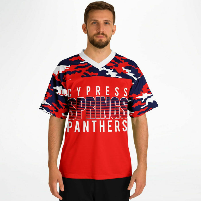 Man wearing Cypress Springs Panthers football jersey