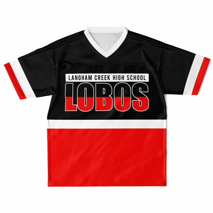 Langham Creek Lobos football jersey laying flat - front 