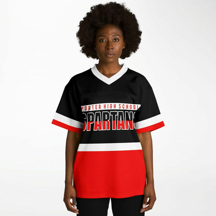 Black woman wearing Porter Spartans High School football Jersey