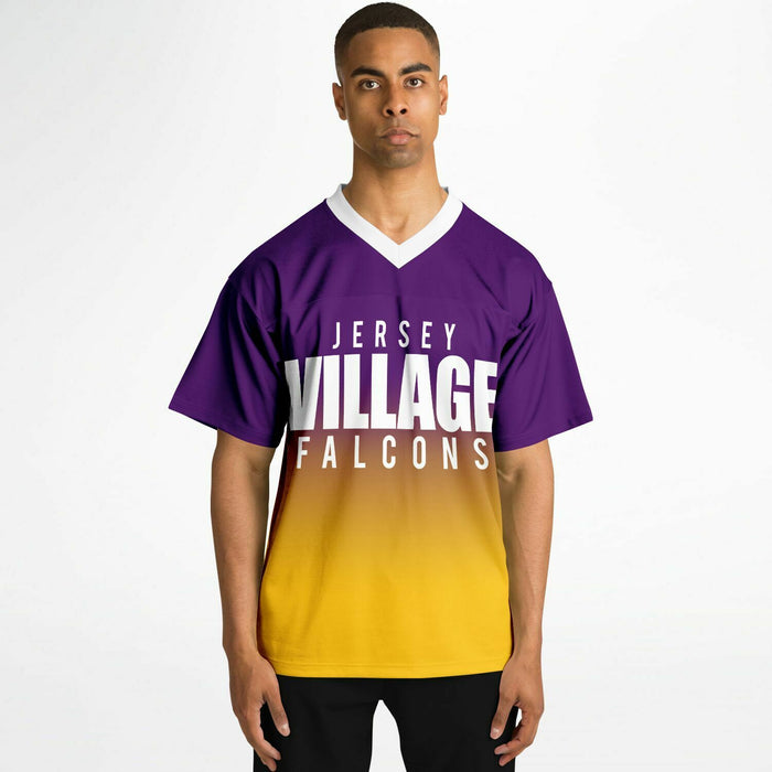 Black man wearing  Jersey Village Falcons football Jersey