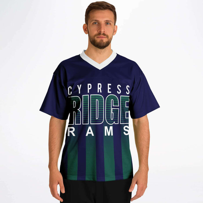 Man wearing Cypress Ridge Rams football jersey