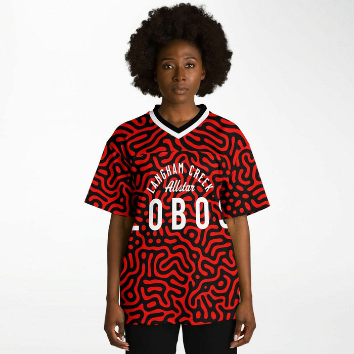 Black woman wearing Langham Creek Lobos football Jersey