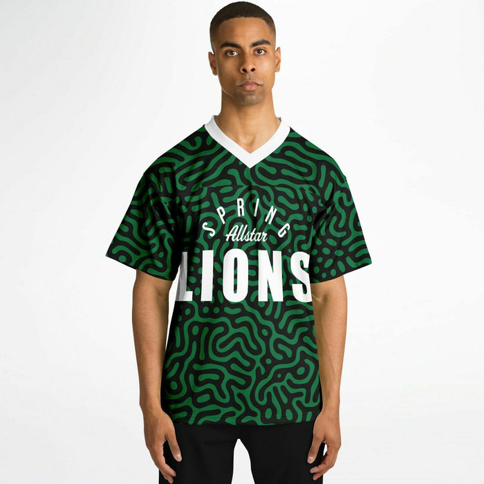 Black man wearing Spring Lions High School football Jersey