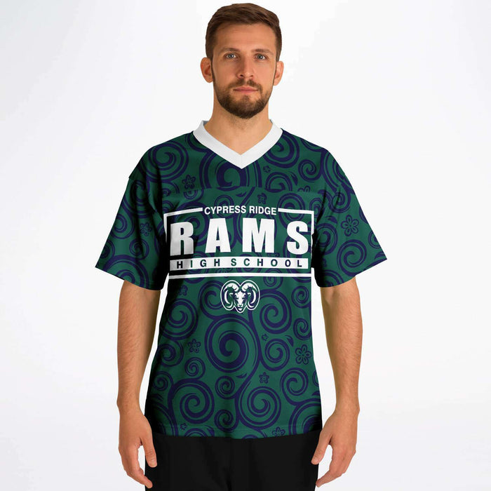 Man wearing Cypress Ridge Rams football jersey