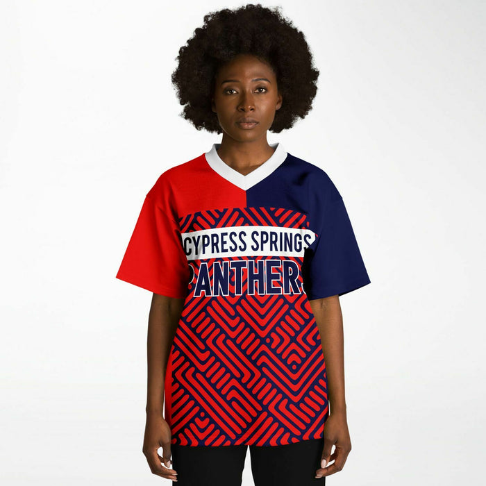 Black woman wearing Cypress Springs Panthers football Jersey