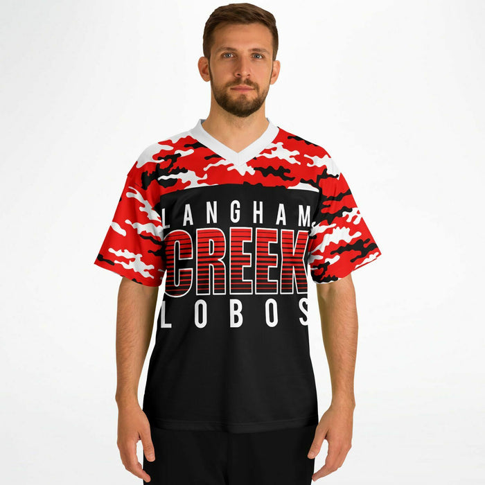 Man wearing Langham Creek Lobos football jersey