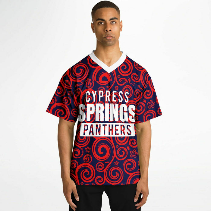 Black man wearing Cypress Springs Panthers football Jersey