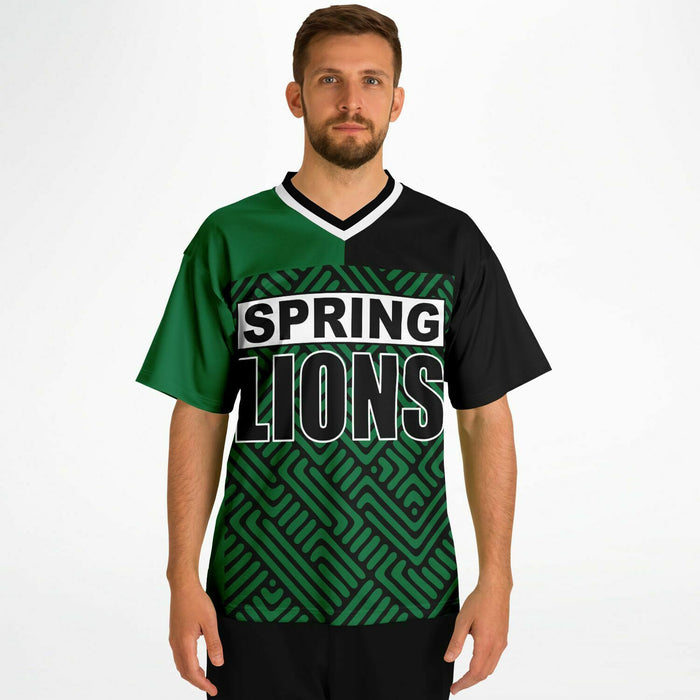 Man wearing Spring Lions High School football jersey