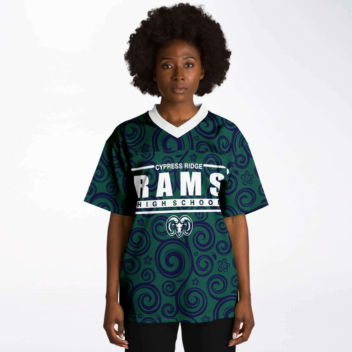 Black woman wearing Cypress Ridge Rams football Jersey