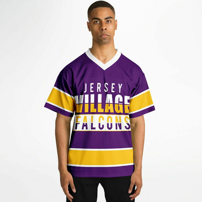 Black man wearing  Jersey Village Falcons football Jersey