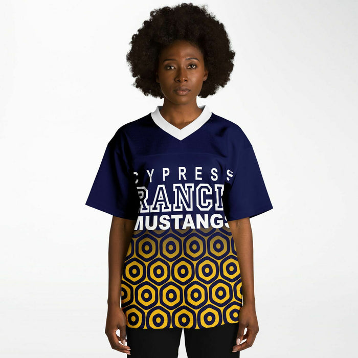 Black woman wearing Cypress Ranch Mustangs football Jersey