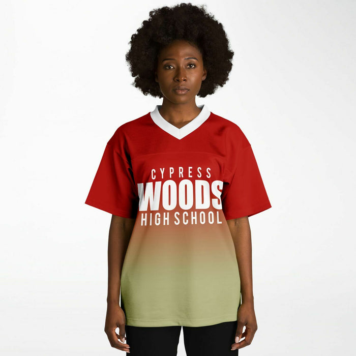 Black woman wearing Cypress Woods Wildcats football Jersey 05