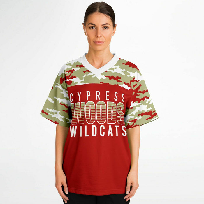 Women wearing Cypress Woods Wildcats football jersey 08