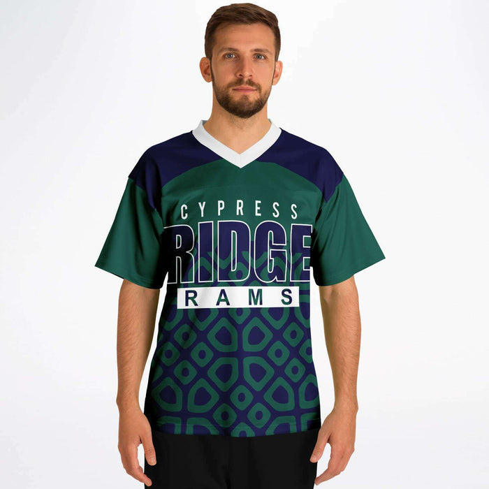 Man wearing Cypress Ridge Rams football jersey