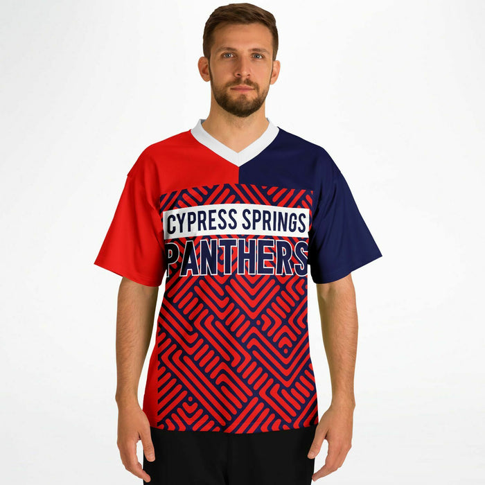 Man wearing Cypress Springs Panthers football jersey