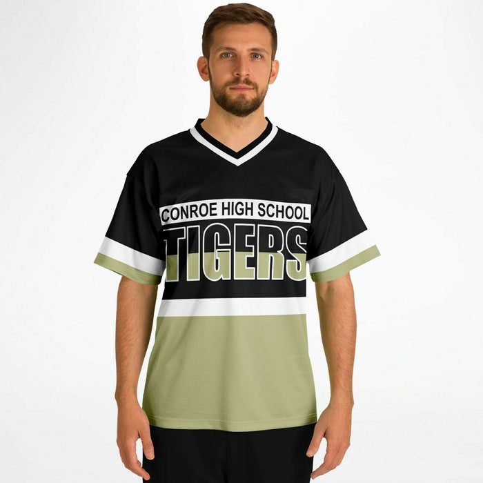 Man wearing Conroe Tigers football jersey 10