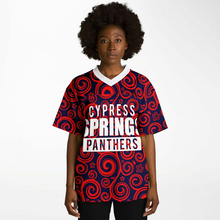 Black woman wearing Cypress Springs Panthers football Jersey