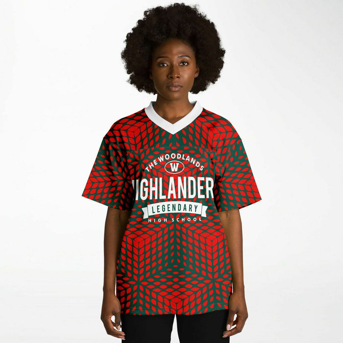 Black woman wearing The Woodlands Highlanders High School football Jersey