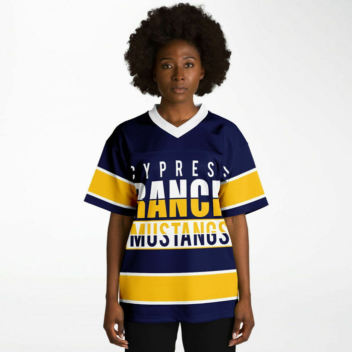 Black woman wearing Cypress Ranch Mustangs football Jersey