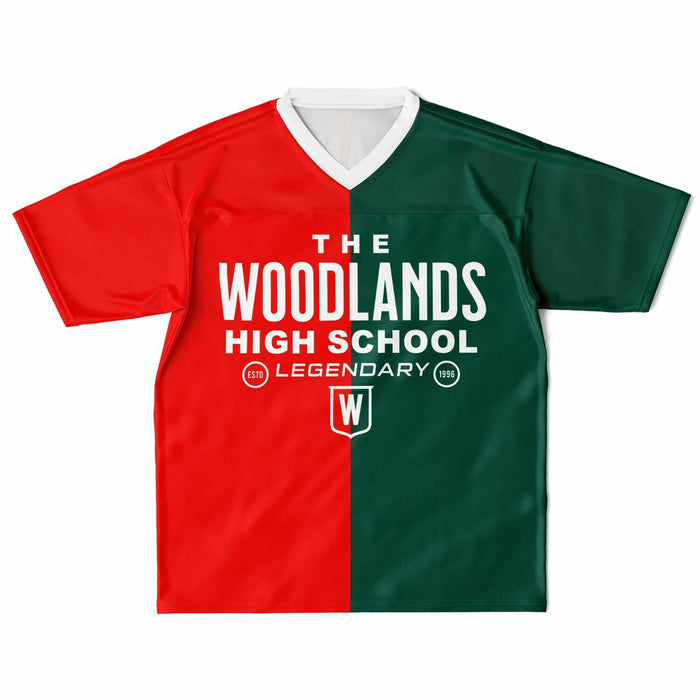 The Woodlands Highlanders High School football jersey laying flat - front 