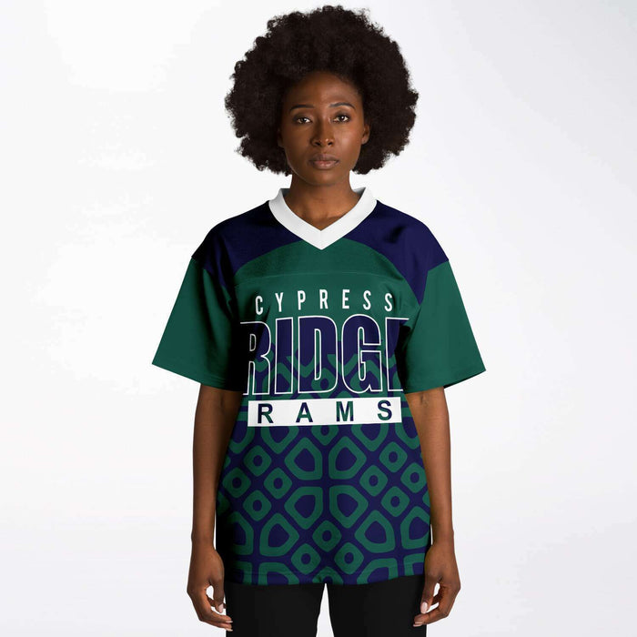 Black woman wearing Cypress Ridge Rams football Jersey