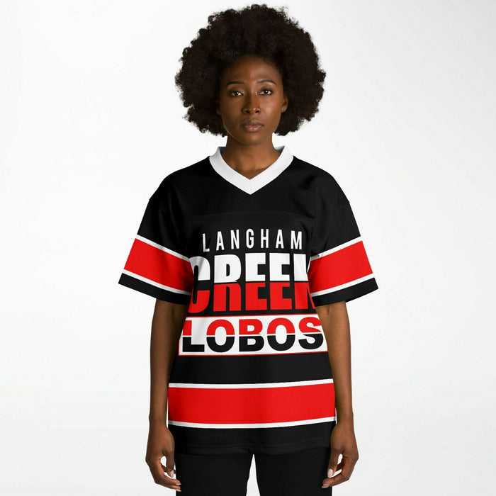 Black woman wearing Langham Creek Lobos football Jersey