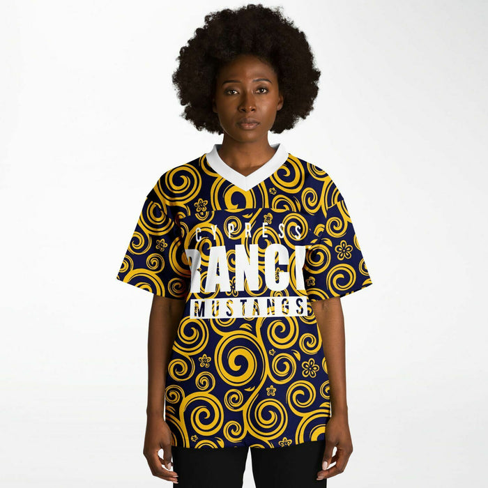 Black woman wearing Cypress Ranch Mustangs football Jersey