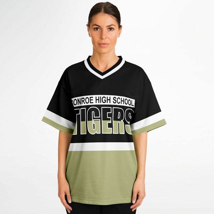 Women wearing Conroe Tigers football jersey 10