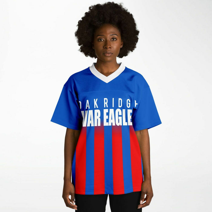 Black woman wearing Oak Ridge War Eagles High School football Jersey