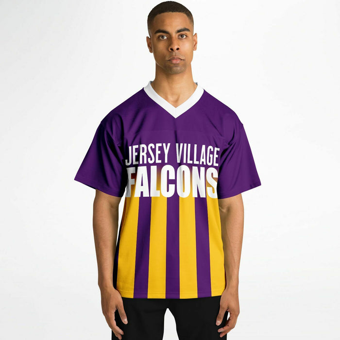 Black man wearing  Jersey Village Falcons football Jersey