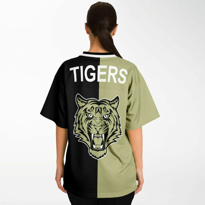 Woman wearing Cypress Park Tigers football jersey Back view 04