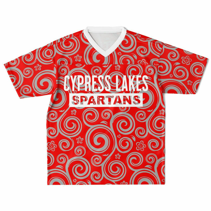 Cypress Lakes Spartans football jersey laying flat - front 