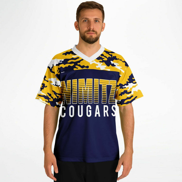 Man wearing Nimitz Cougars High School football jersey