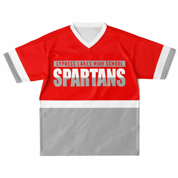 Cypress Lakes Spartans football jersey laying flat - front 