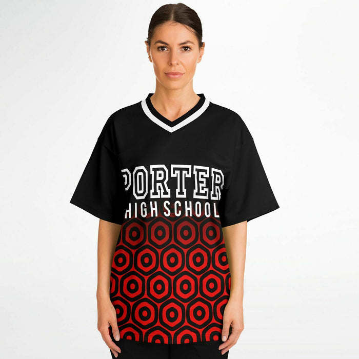 Women wearing Porter Spartans High School football jersey