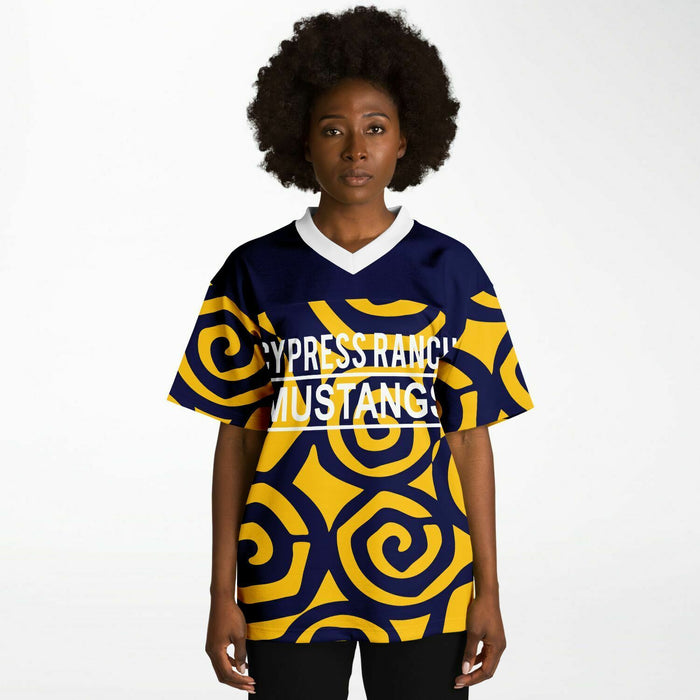 Black woman wearing Cypress Ranch Mustangs football Jersey